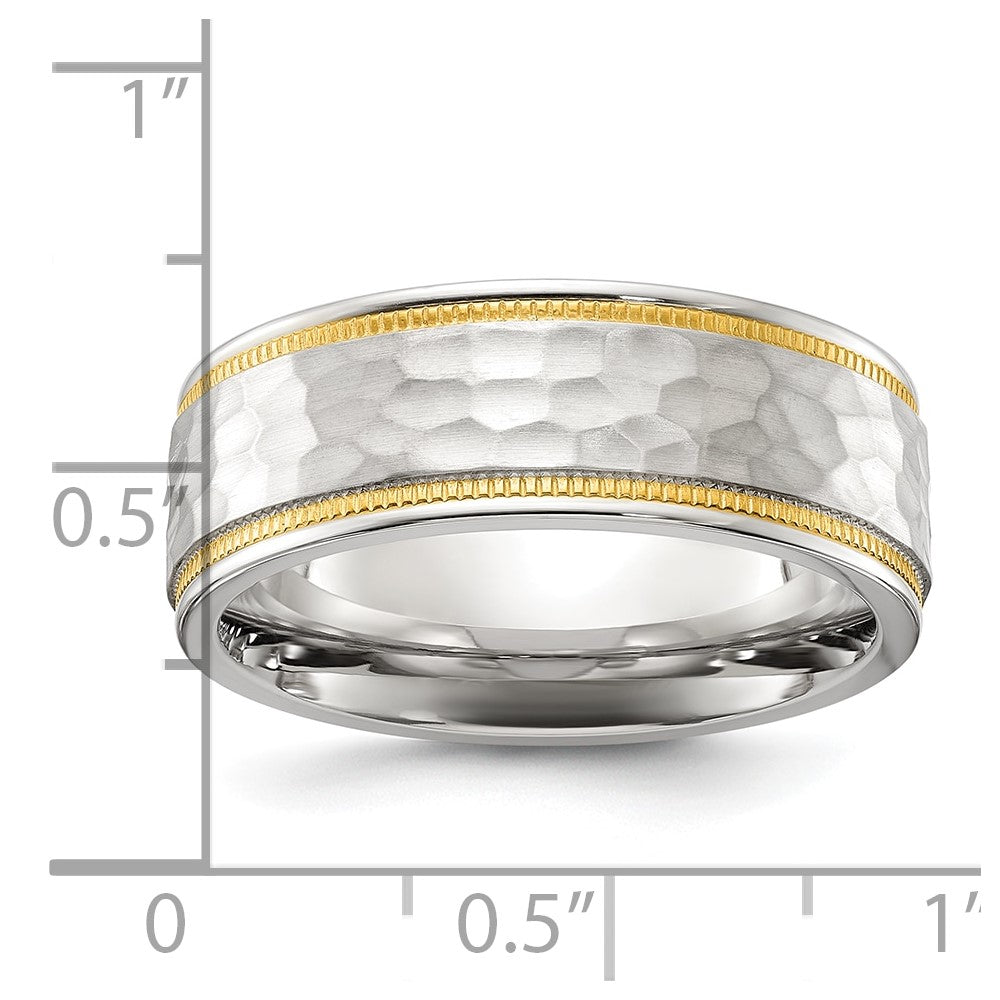 Chisel Stainless Steel Brushed and Polished Hammered Yellow IP-plated 8mm Band