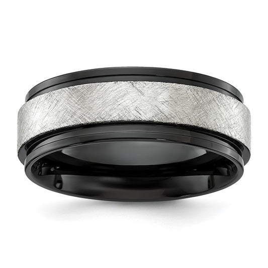 Chisel Stainless Steel Polished Black IP-plated with Scratch Finish Center 8mm Band