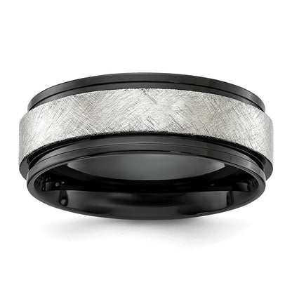 Chisel Stainless Steel Polished Black IP-plated with Scratch Finish Center 8mm Band
