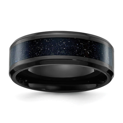 Chisel Stainless Steel Polished Black IP-plated with Blue Star Sandstone Inlay 8mm Band