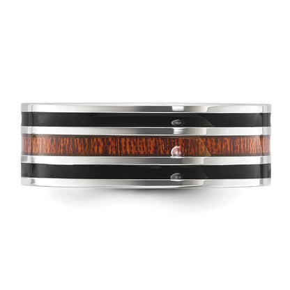Chisel Stainless Steel Polished with Black Resin and Wood Inlay 8mm Band