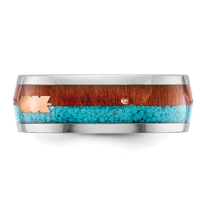 Chisel Stainless Steel Polished Arrow with Turquoise and Wood Inlay 8mm Band