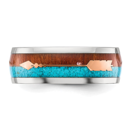 Chisel Stainless Steel Polished Arrow with Turquoise and Wood Inlay 8mm Band