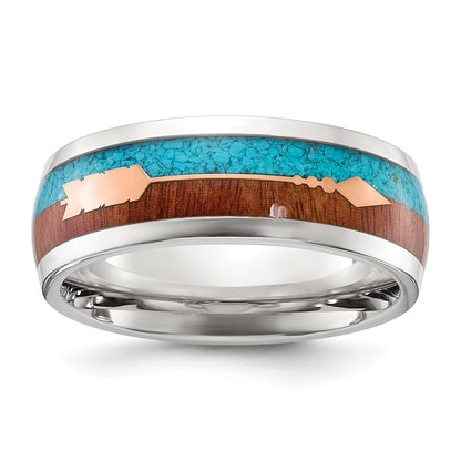 Chisel Stainless Steel Polished Arrow with Turquoise and Wood Inlay 8mm Band