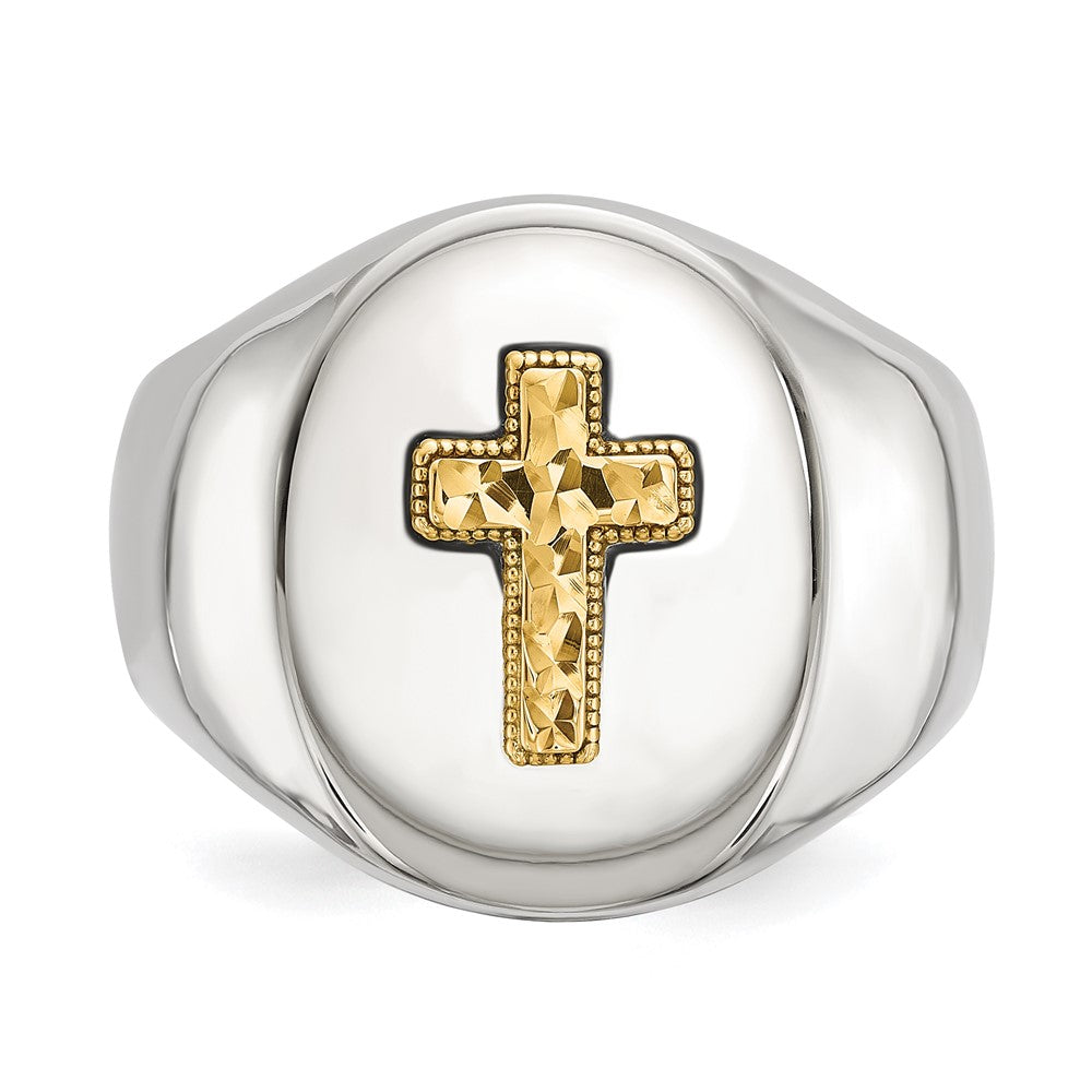 Chisel Stainless Steel Polished with Diamond-cut 14K Gold Accent Cross Oval Signet Ring