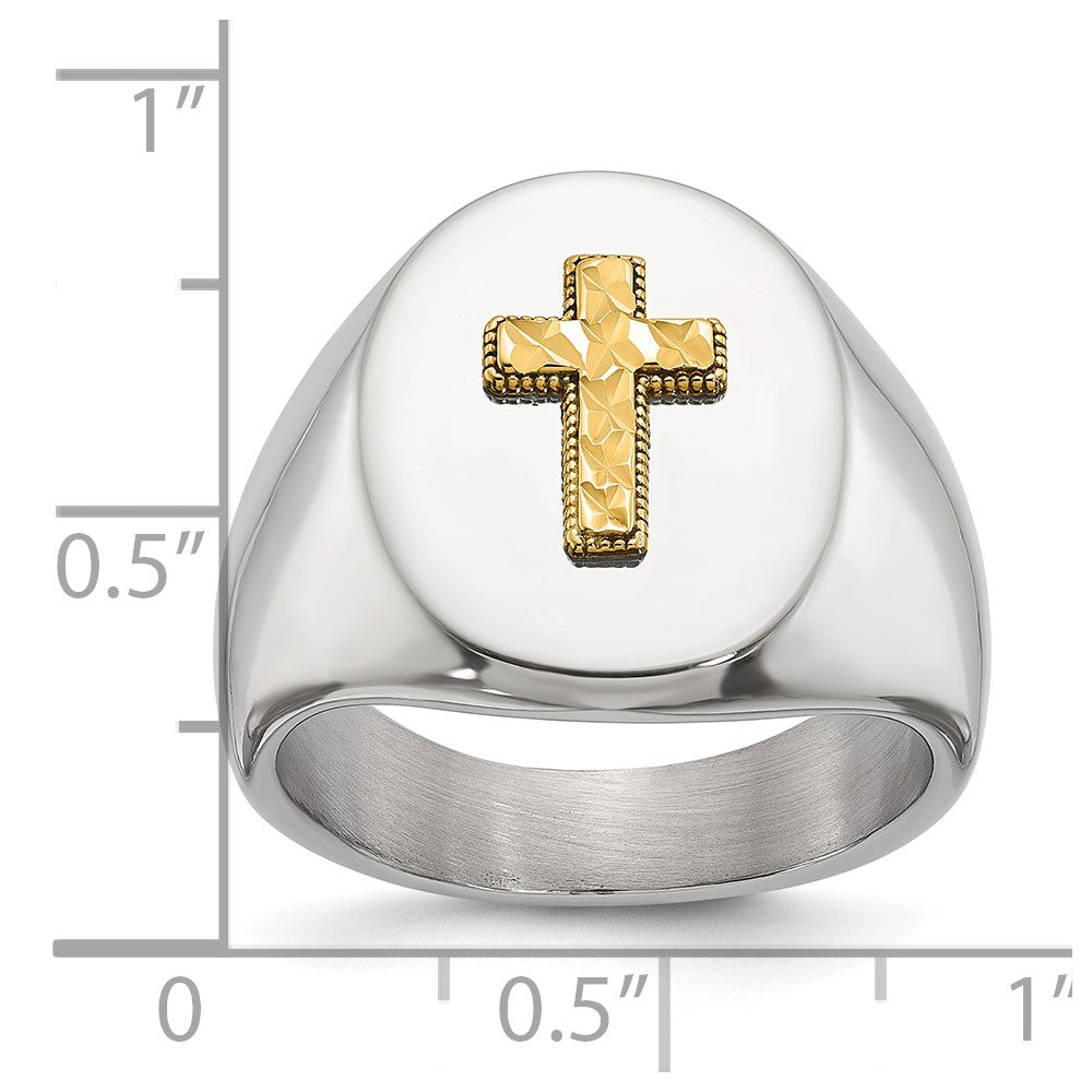 Chisel Stainless Steel Polished with Diamond-cut 14K Gold Accent Cross Oval Signet Ring