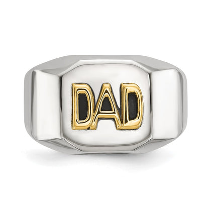 Chisel Stainless Steel Polished with 14K Gold Accent DAD with Black Enamel Signet Ring