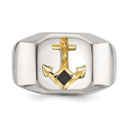Chisel Stainless Steel Polished with Diamond-cut 14K Gold Accent Anchor with Black Enamel Signet Ring
