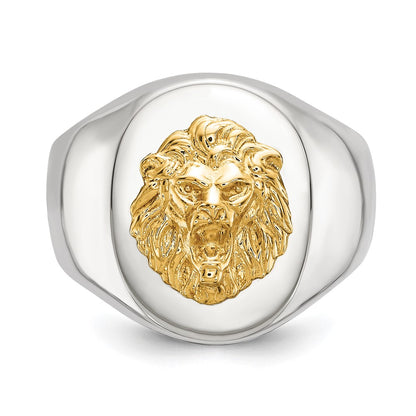Chisel Stainless Steel Polished with 14K Gold Accent Lion Head Signet Ring
