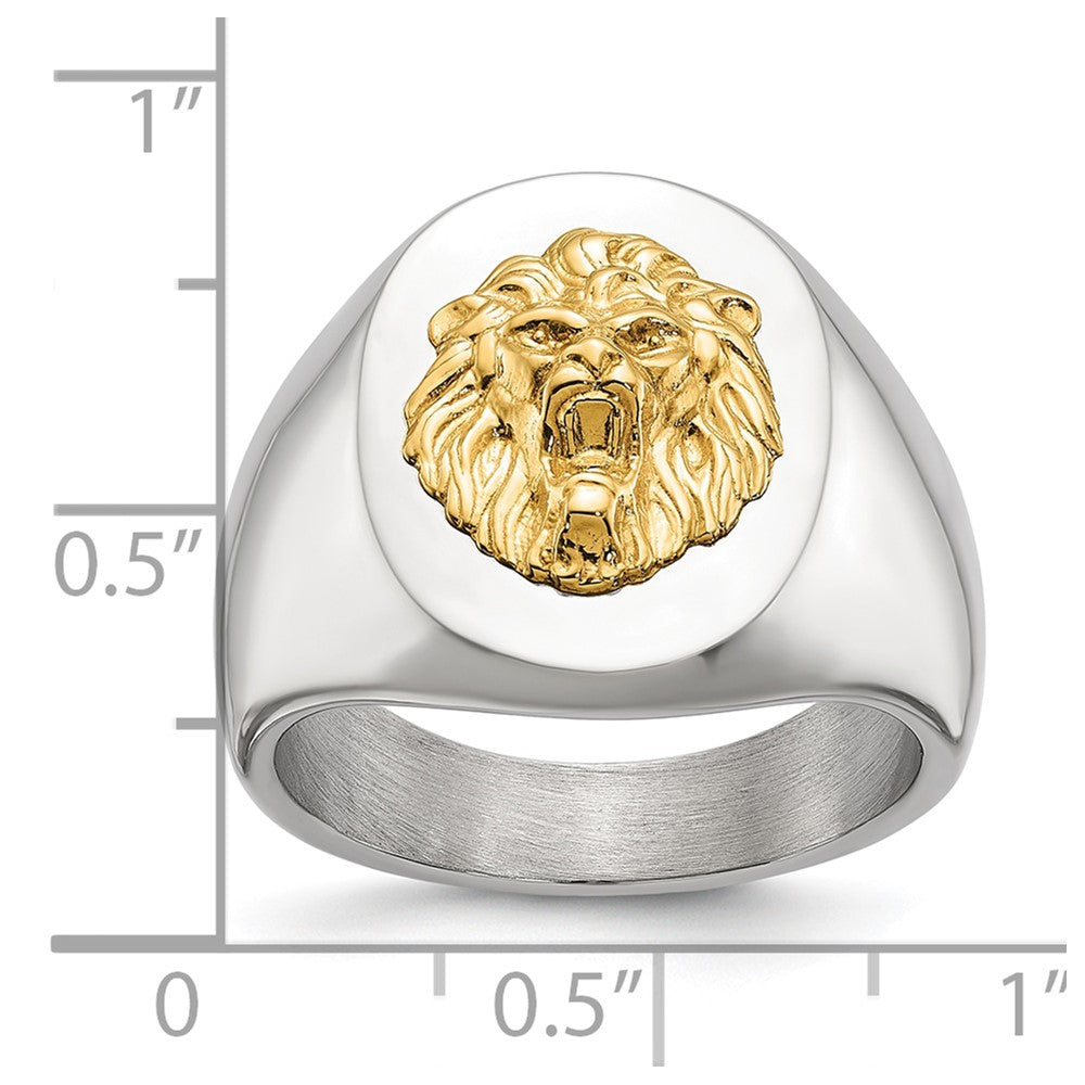 Chisel Stainless Steel Polished with 14K Gold Accent Lion Head Signet Ring