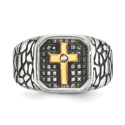 Chisel Stainless Steel Antiqued and Polished Yellow IP-plated with CZ Cross Signet Ring