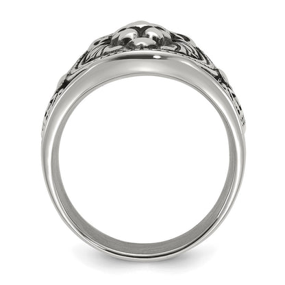 Chisel Stainless Steel Antiqued and Polished Lion Ring