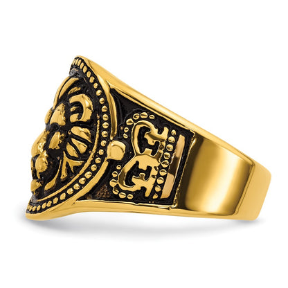 Stainless Steel Yellow IP Antiqued and Polished Lion Ring