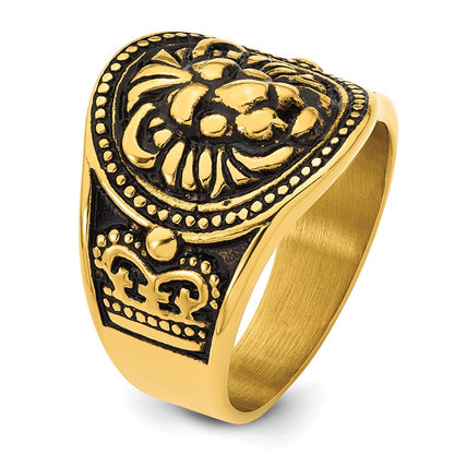 Stainless Steel Yellow IP Antiqued and Polished Lion Ring
