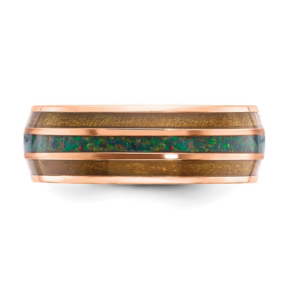 Chisel Stainless Steel Polished Rose IP-plated with Wood and Imitation Opal Inlay 8mm Band