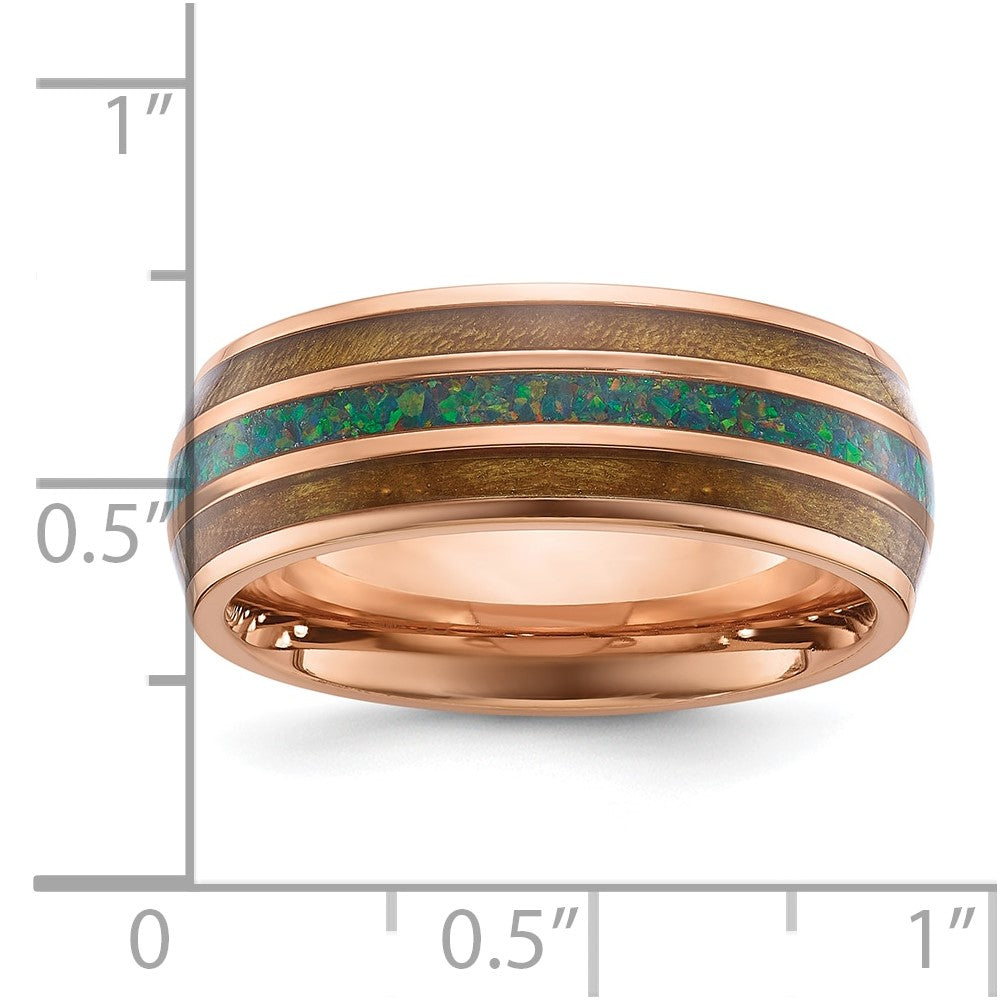 Chisel Stainless Steel Polished Rose IP-plated with Wood and Imitation Opal Inlay 8mm Band