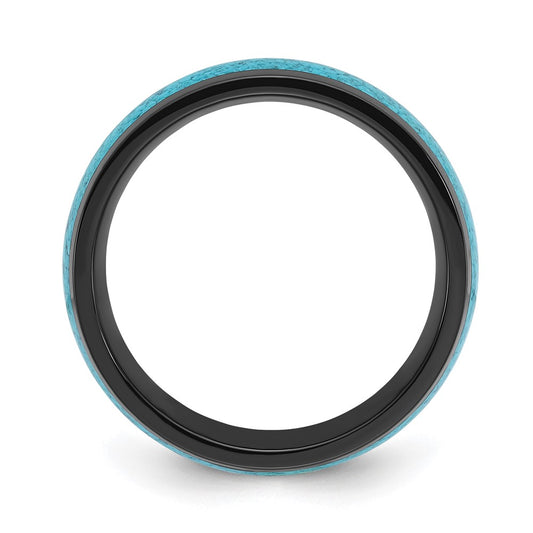 Chisel Stainless Steel Polished Black IP-plated with Imitation Turquoise Inlay 8mm Band