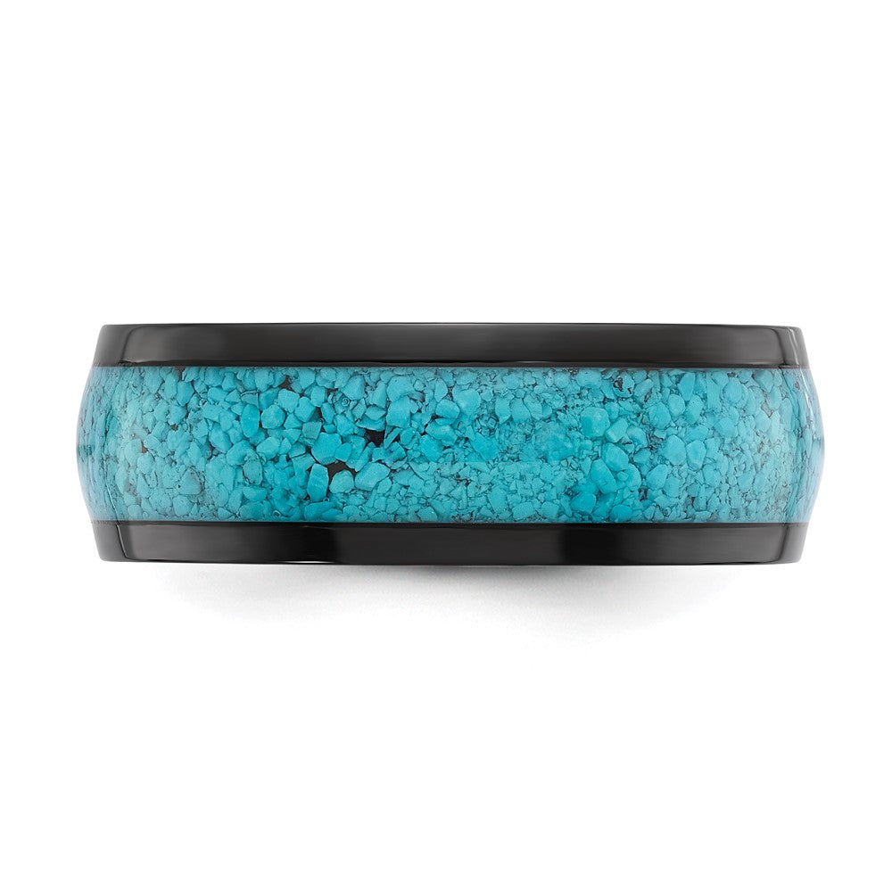 Chisel Stainless Steel Polished Black IP-plated with Imitation Turquoise Inlay 8mm Band