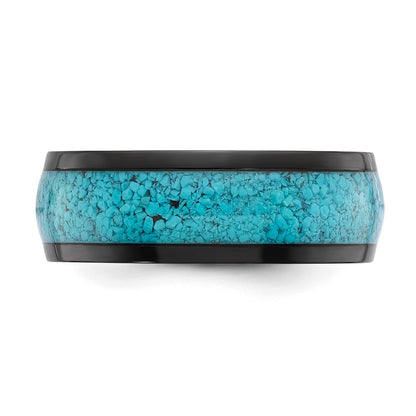Chisel Stainless Steel Polished Black IP-plated with Imitation Turquoise Inlay 8mm Band
