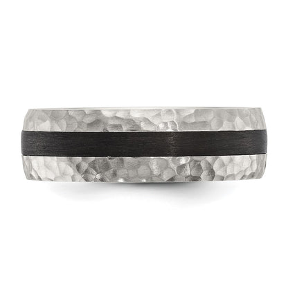 Chisel Stainless Steel Brushed and Hammered Black Carbon Fiber Inlay 7mm Band