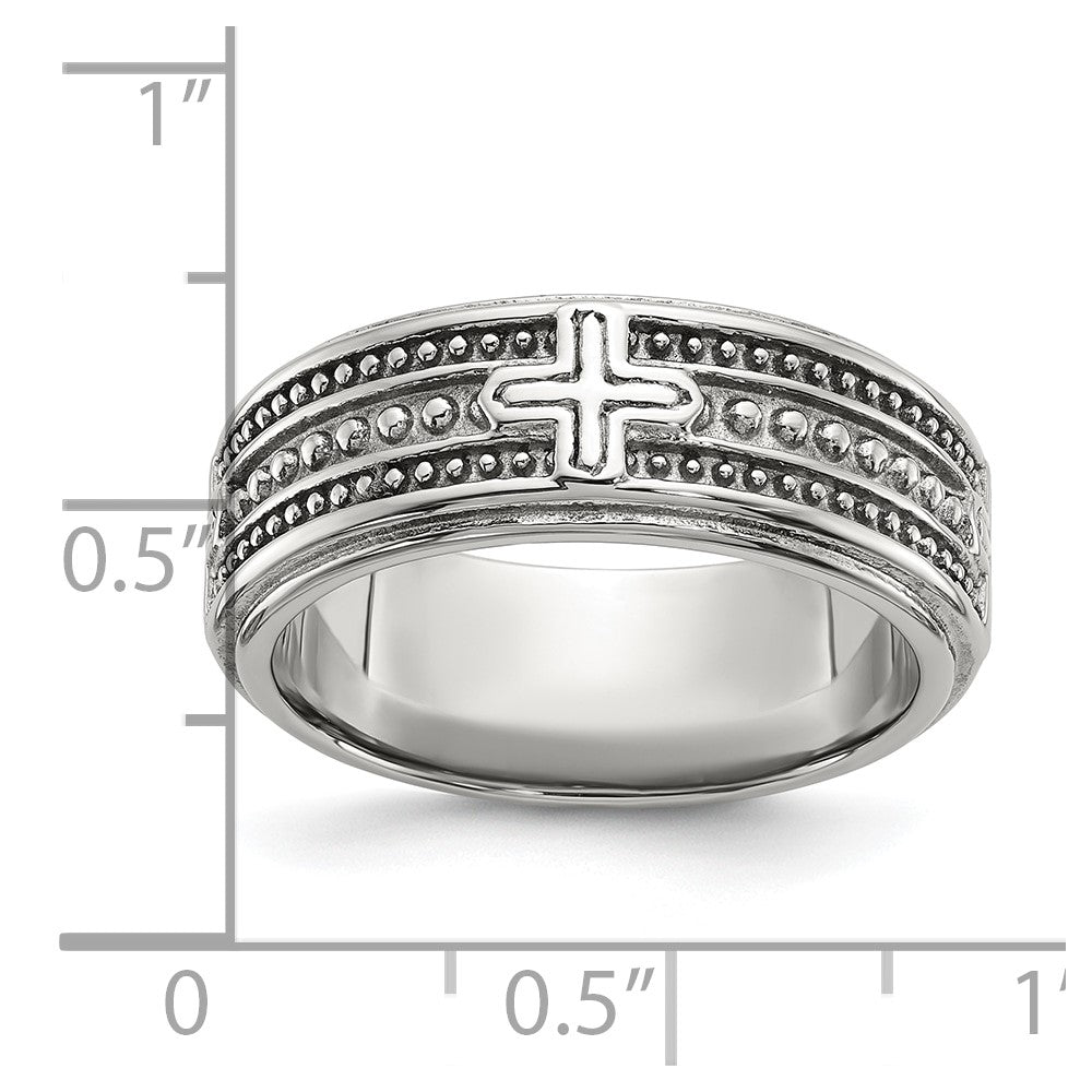 Chisel Stainless Steel Polished Cross 7.7mm Grooved and Beaded Band