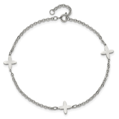 Chisel Stainless Steel Polished Cross Charms 9 inch Anklet Plus 1 inch Extension