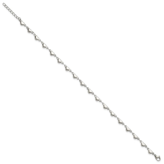 Chisel Stainless Steel Polished Hearts 9 inch Anklet Plus 1 inch Extension