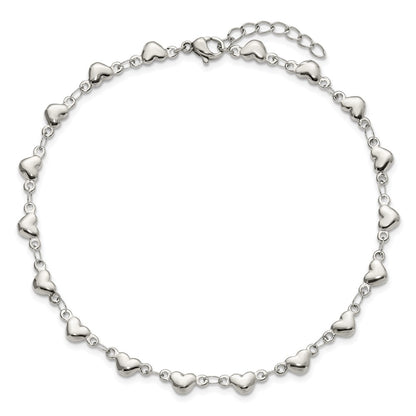 Chisel Stainless Steel Polished Hearts 9 inch Anklet Plus 1 inch Extension