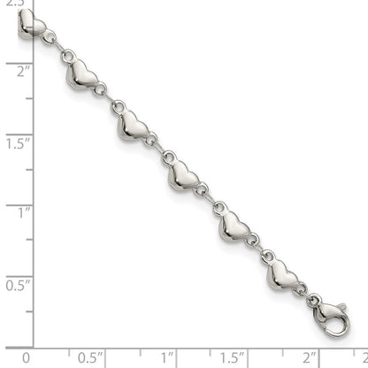 Chisel Stainless Steel Polished Hearts 9 inch Anklet Plus 1 inch Extension