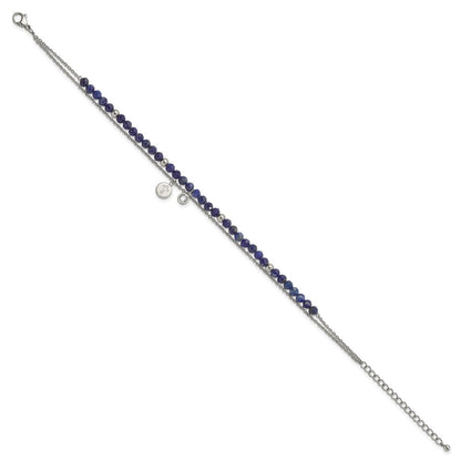 Chisel Stainless Steel Polished 2-Strand Lapis and Crystal Cross 9 inch Anklet Plus 2 inch Extension