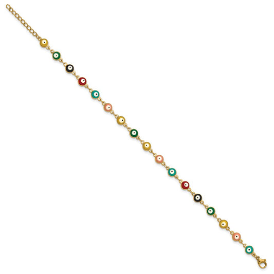 Chisel Stainless Steel Polished Yellow IP-plated with Multicolor Paint Inlay Evil Eye 9 inch Plus a 1 inch Extension Anklet