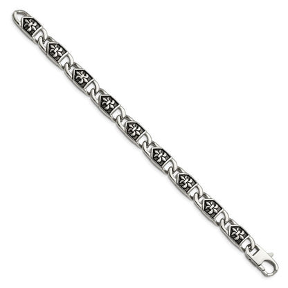Chisel Stainless Steel Antiqued and Polished Fleur de Lis 8.75 inch Link Bracelet
