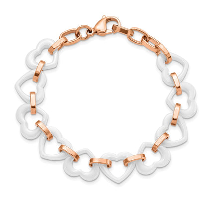 Chisel Stainless Steel Polished Rose IP-plated with White Ceramic Heart Links 7.25 inch Bracelet with .75 inch Extension
