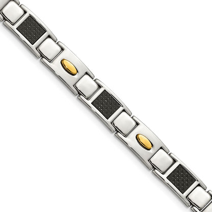 Chisel Stainless Steel Polished Yellow IP-plated with Black Carbon Fiber Inlay 9.5 inch Link Bracelet