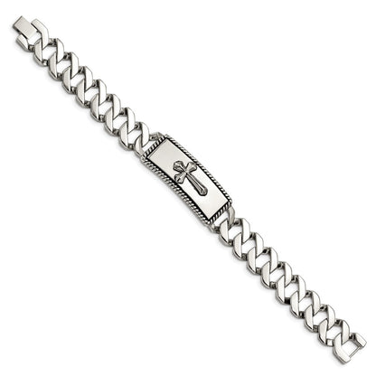 Chisel Stainless Steel Antiqued Polished and Textured 8.5 inch Cross ID Bracelet