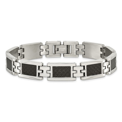 Chisel Stainless Steel Polished with Black Carbon Fiber Inlay 9.25 inch Link Bracelet