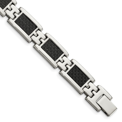 Chisel Stainless Steel Polished with Black Carbon Fiber Inlay 9.25 inch Link Bracelet