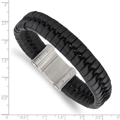 Chisel Stainless Steel Brushed Black Leather 8.5 inch Bracelet