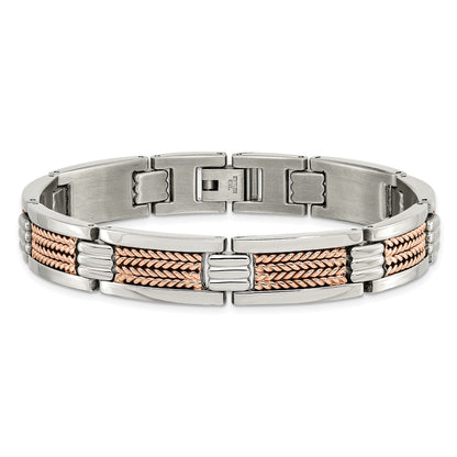 Chisel Stainless Steel Polished and Textured Rose IP-plated 8.5 inch Link Bracelet
