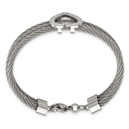 Chisel Stainless Steel Polished wire with CZ Heart 7.5 inch Bracelet