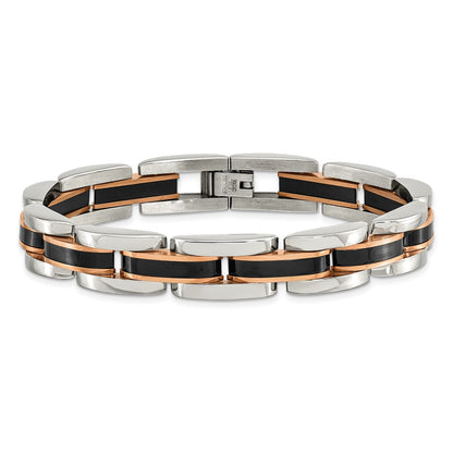 Chisel Stainless Steel Polished Black and Rose IP-plated 8.5 inch Link Bracelet