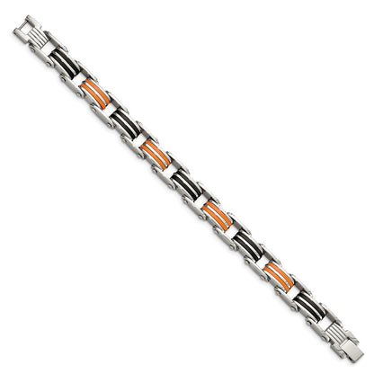 Chisel Stainless Steel Polished with Black and Orange Rubber 8.75 inch Link Bracelet