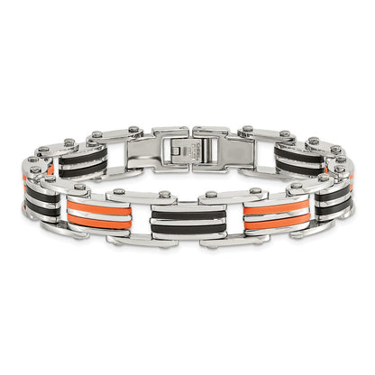 Chisel Stainless Steel Polished with Black and Orange Rubber 8.75 inch Link Bracelet