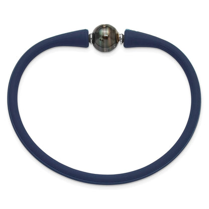 Chisel Stainless Steel 10-11mm Black Semi-Round Tahitian Saltwater Cultured Pearl Blue Silicone Bracelet