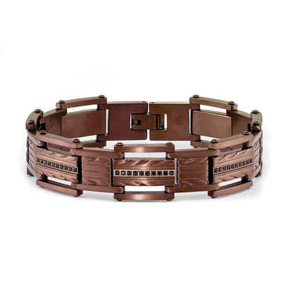 Chisel Stainless Steel Brushed and Textured Brown IP-plated with Black CZ 8.25 inch Link Bracelet