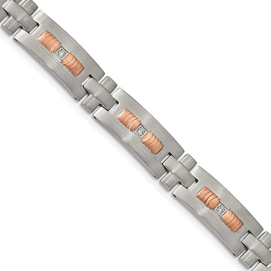 Chisel Stainless Steel Brushed and Textured Rose IP-plated with CZ 8.5 inch Link Bracelet