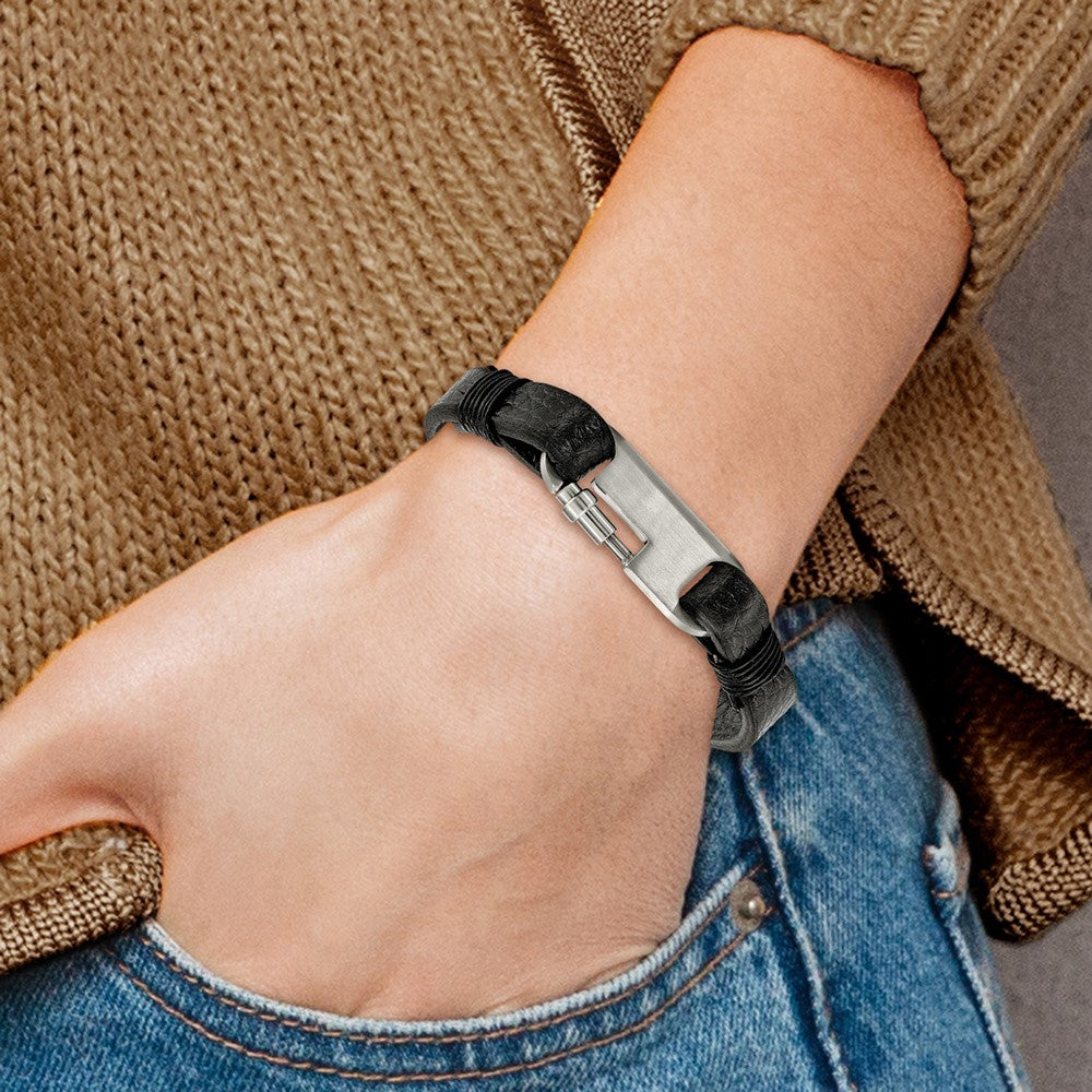 Chisel Stainless Steel Brushed Black Leather 8 inch Bracelet