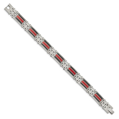 Chisel Stainless Steel Polished with Black Carbon Fiber and Red Fiberglass Inlay 9.25 inch Link Bracelet