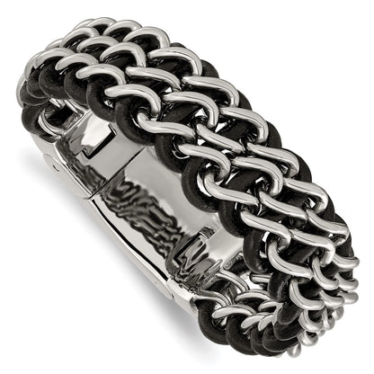 Chisel Stainless Steel Polished Black Leather 8.75 inch Bracelet