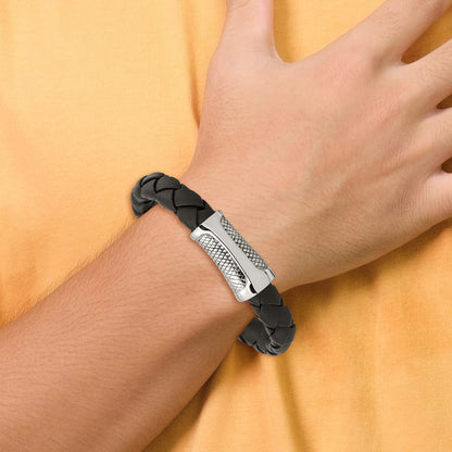 Chisel Stainless Steel Polished and Textured Black Braided Leather 8.5 inch Bracelet